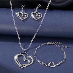 Fashion Jewelry 3pc Earrings Bracelet and Necklace Double Heart Pendant